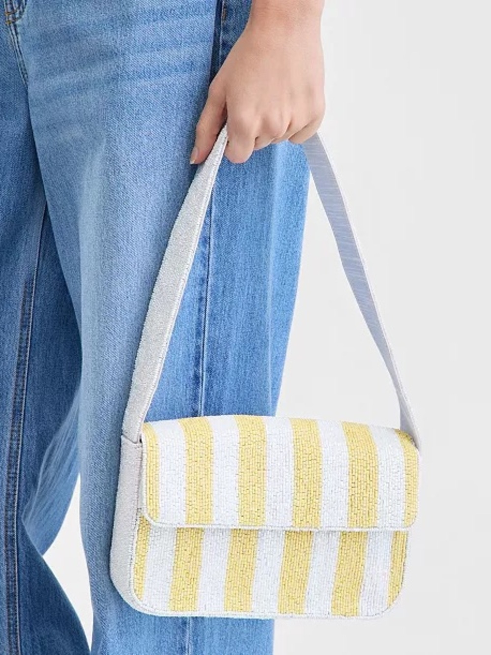 On 34th Yellow & White Striped Beaded Shoulder Bag NWOT 8-1/2"W x 5"H x 2-1/2"D